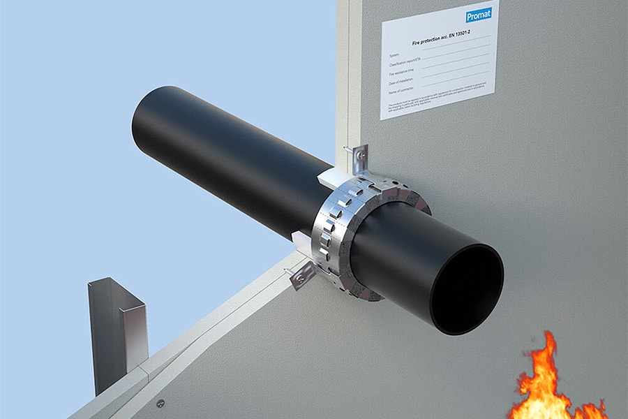 shaft wall 80mm pipe pp 90mm promastop uce built on fire side